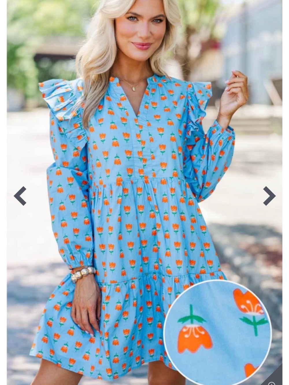 Blue Floral Tiered Ruffle Sleeve Dress